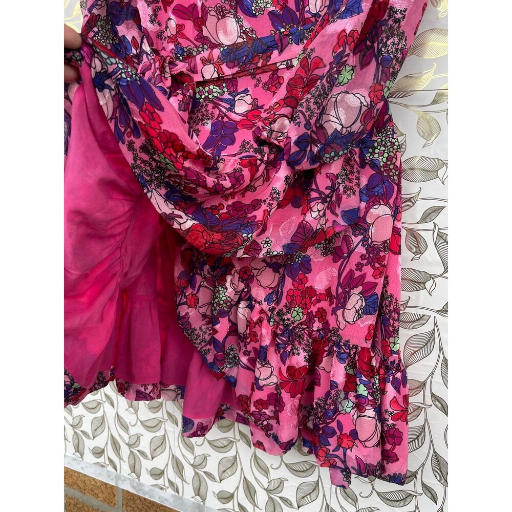 Tanya Taylor Pink Floral Silk-Look Wrap Dress Puff Sleeve Romantic Gardencore 12 - Picture 6 of 12